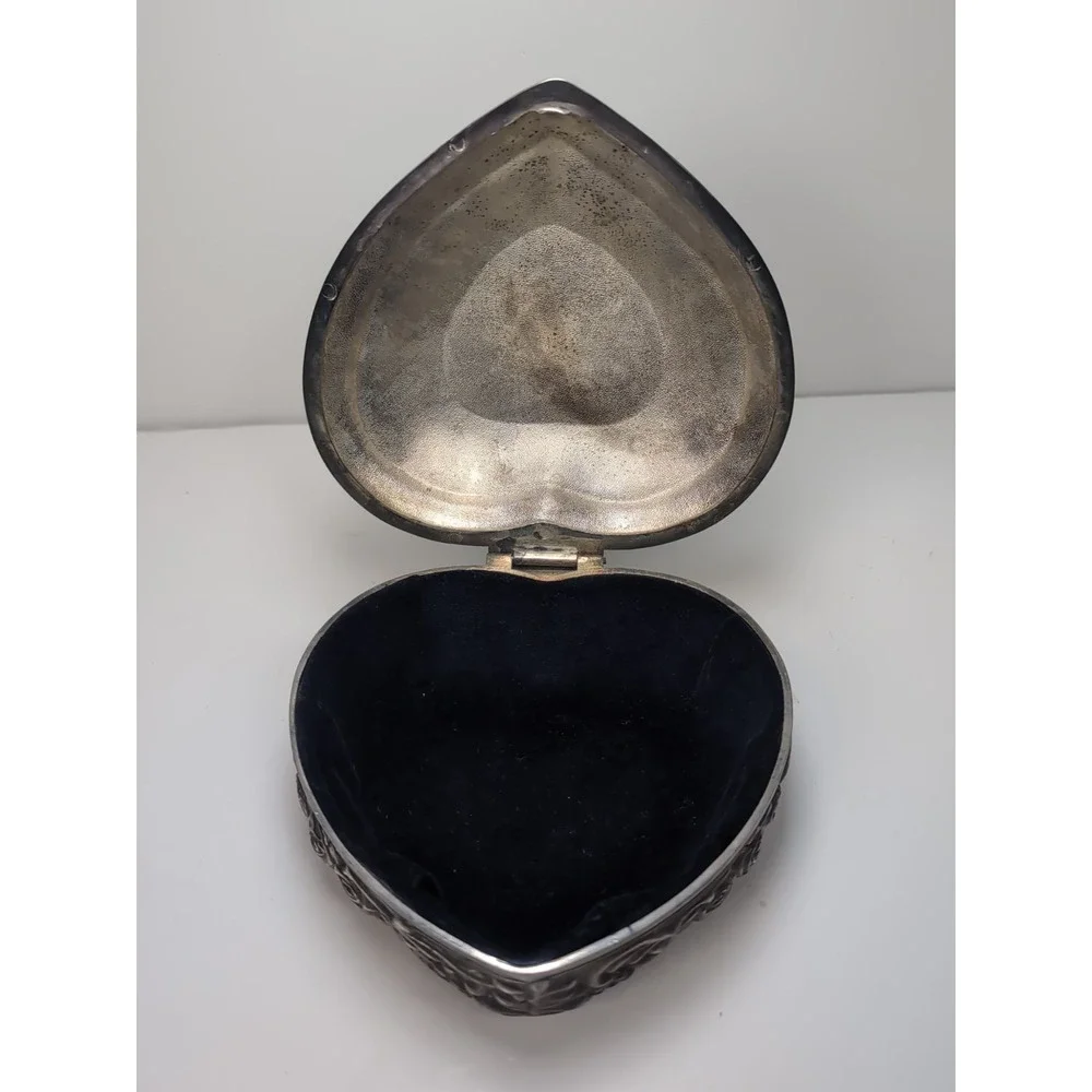 Silver Tone Heart Shaped Metal Beaded Trinket Box Blue Velvet Lined Embossed